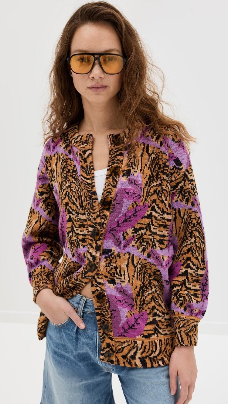 Farm Rio Tiger Leaves knit oversized purple cardigan size large